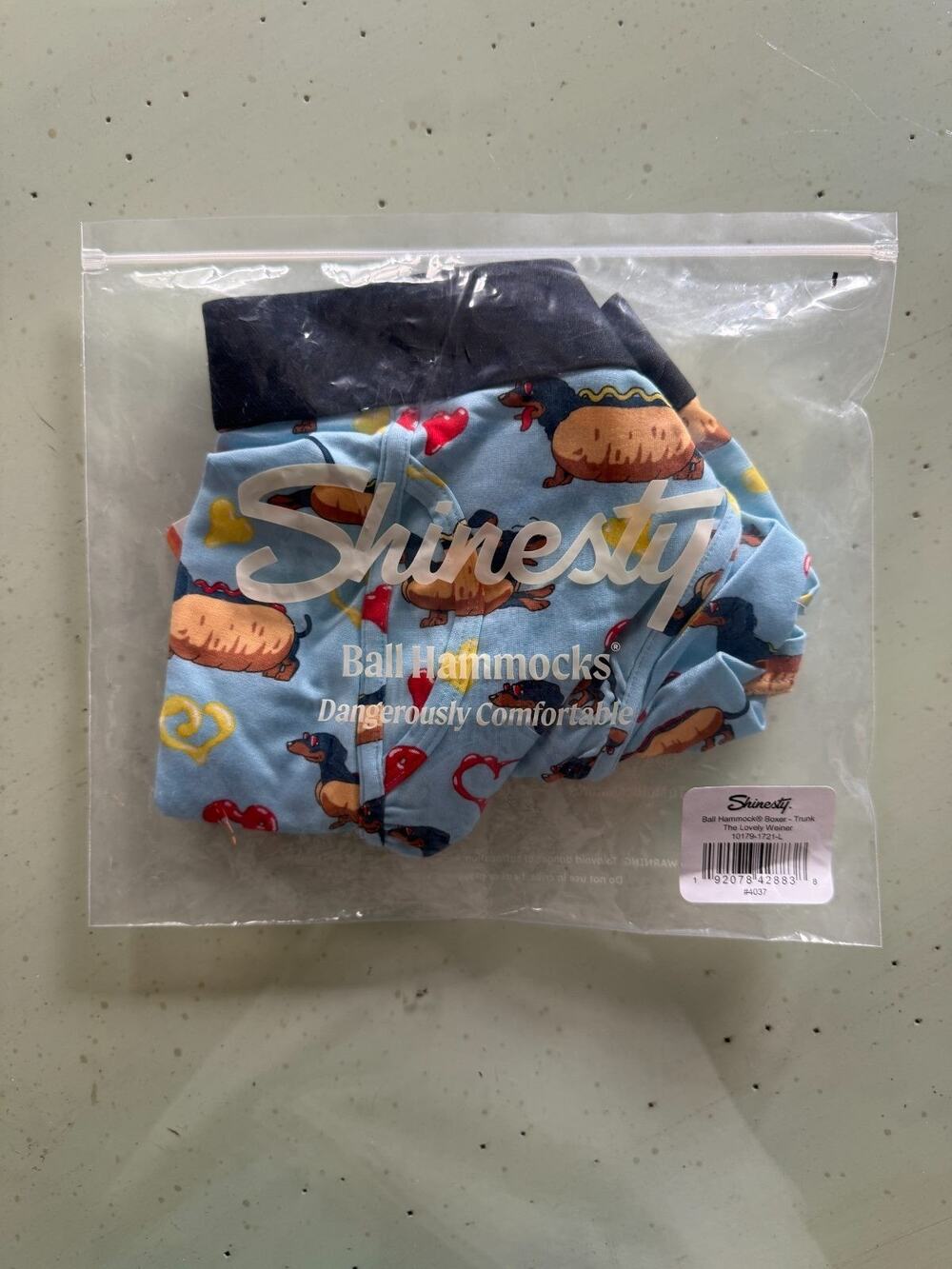Shinesty Ball Hammock Boxer Trunk Men's Large The Lovely Weiner Dachshund Blue N